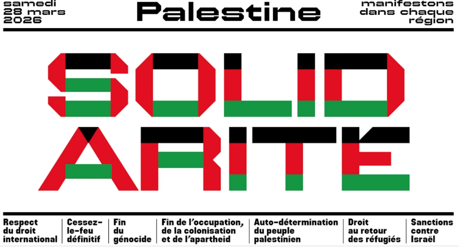 Solidarité Palestine #29 – Émission du Lundi 16 mars 2026 – Une grande mobilisation nationale le Samedi 28 mars